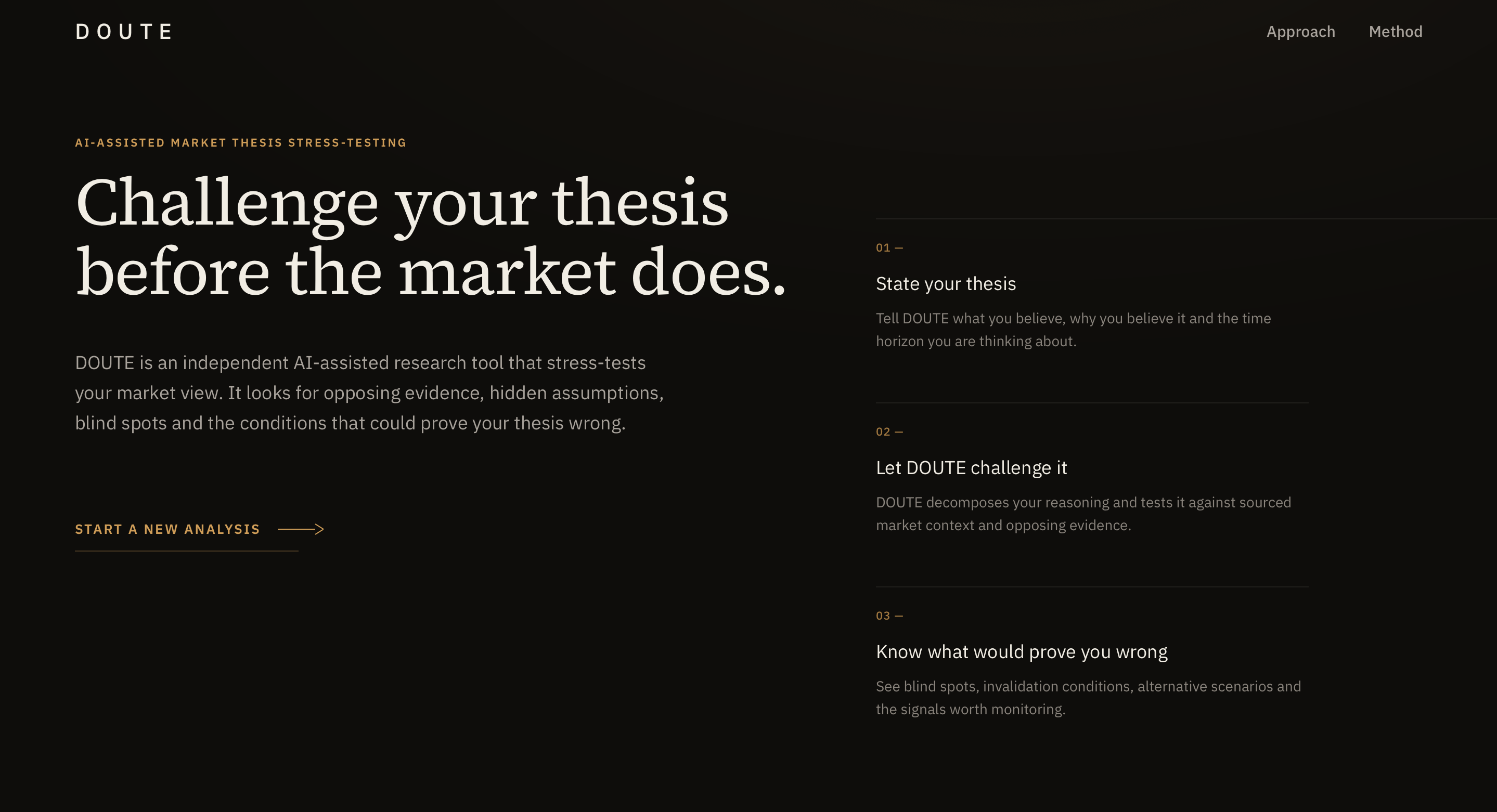 DOUTE's actual landing page: Challenge your thesis before the market does.