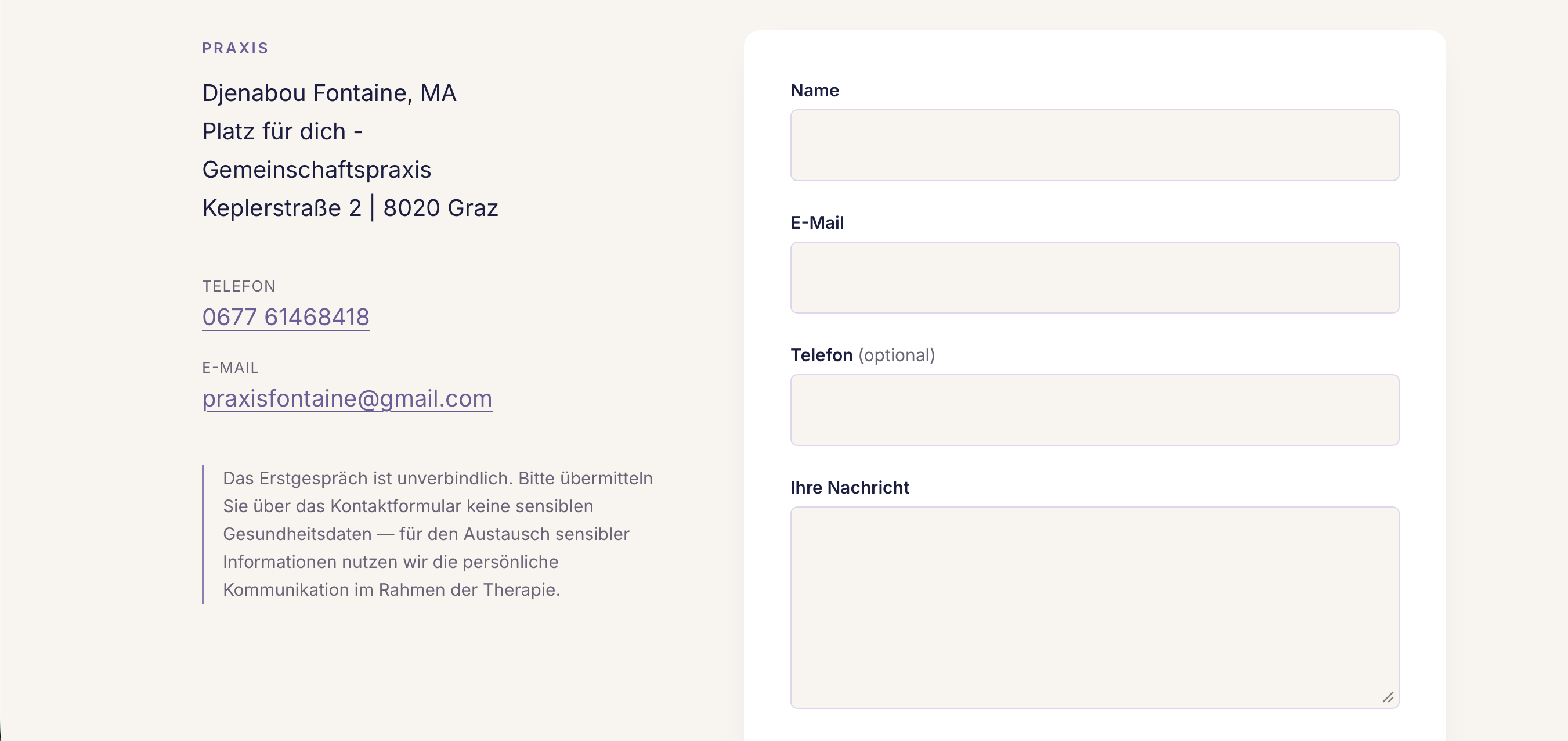 Real Praxis Fontaine contact page showing practice information and functional inquiry form