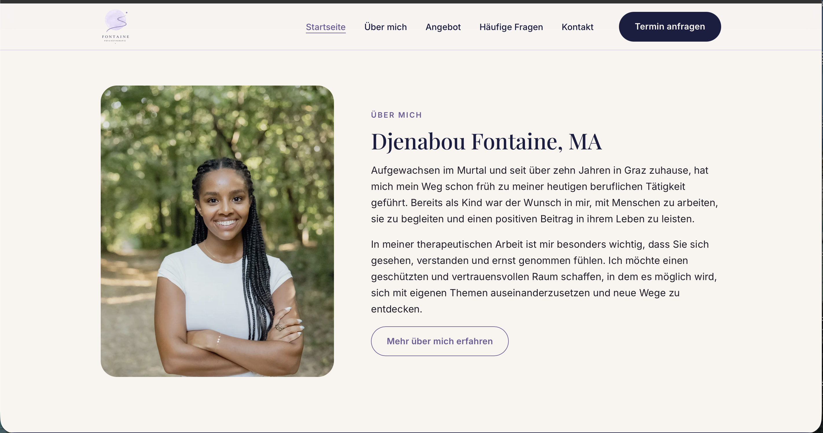 Real Praxis Fontaine About page with Djenabou Fontaine portrait and professional introduction